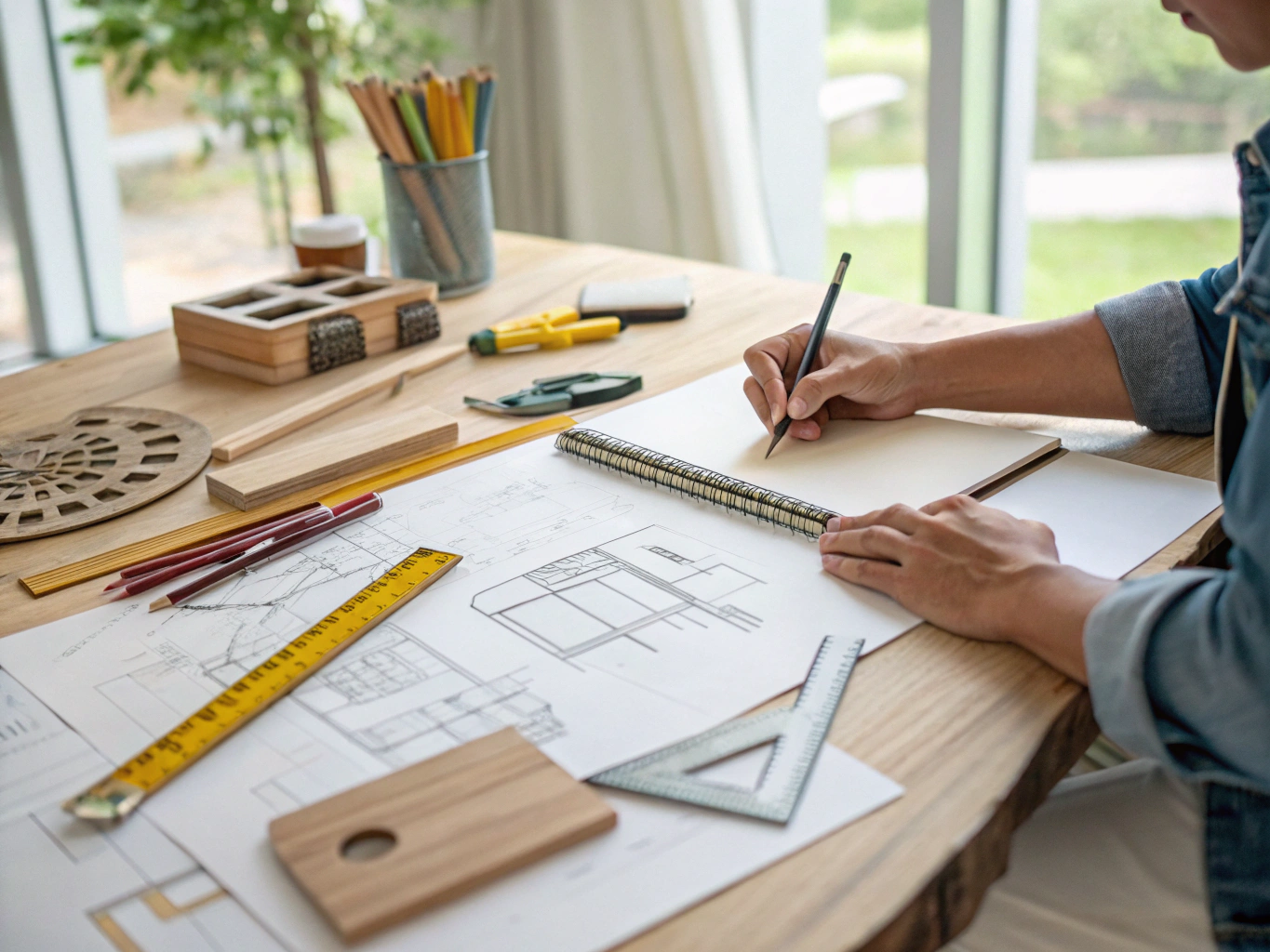 Interior designer reviewing furniture drawings with a MEBELK craftsman in the workshop