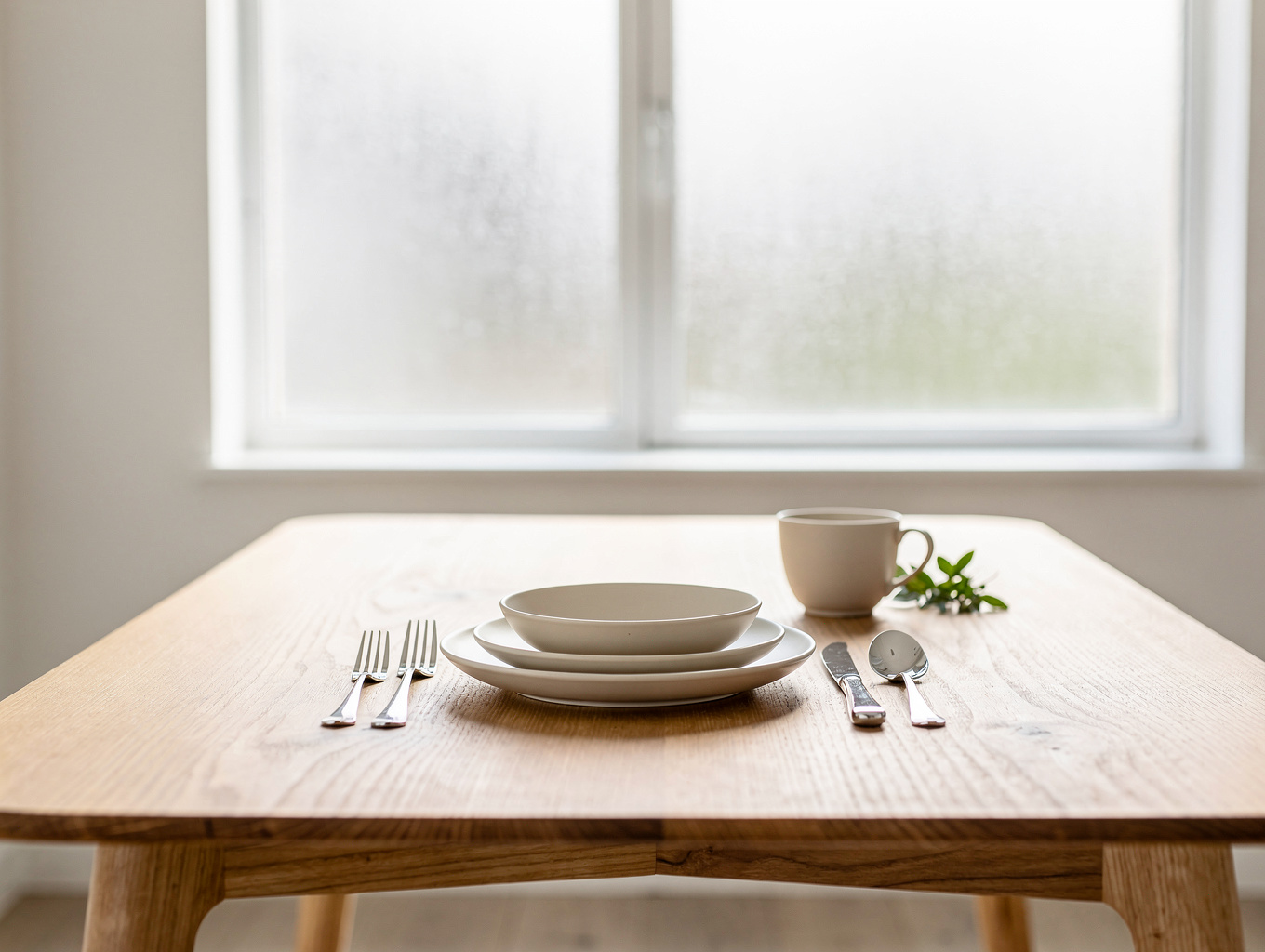 Massief eiken eettafel met zichtbare houtnerf in een lichte woonkamer
