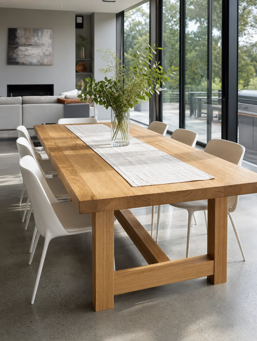 Eiken eettafel met natuurlijke olieafwerking in een lichte woonkamer