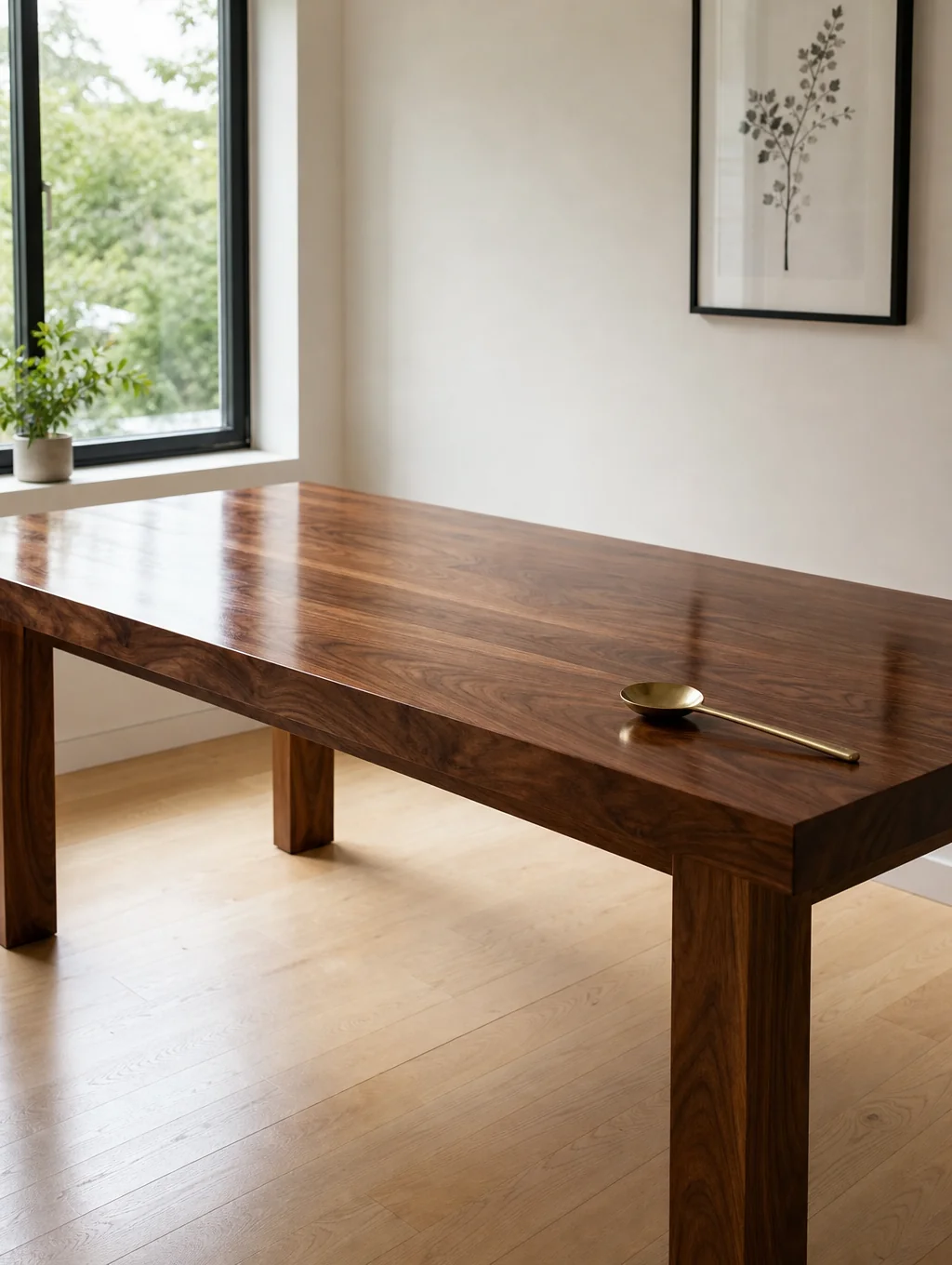 Eettafel van notenhout met geborstelde messing verbindingen