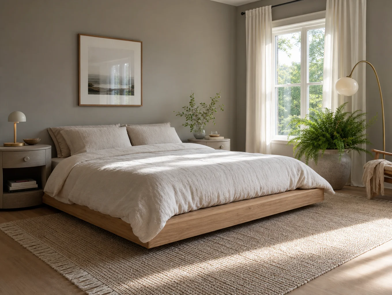 Lage beuken bedframe met linnen dekbed en zwevende nachtkastjes