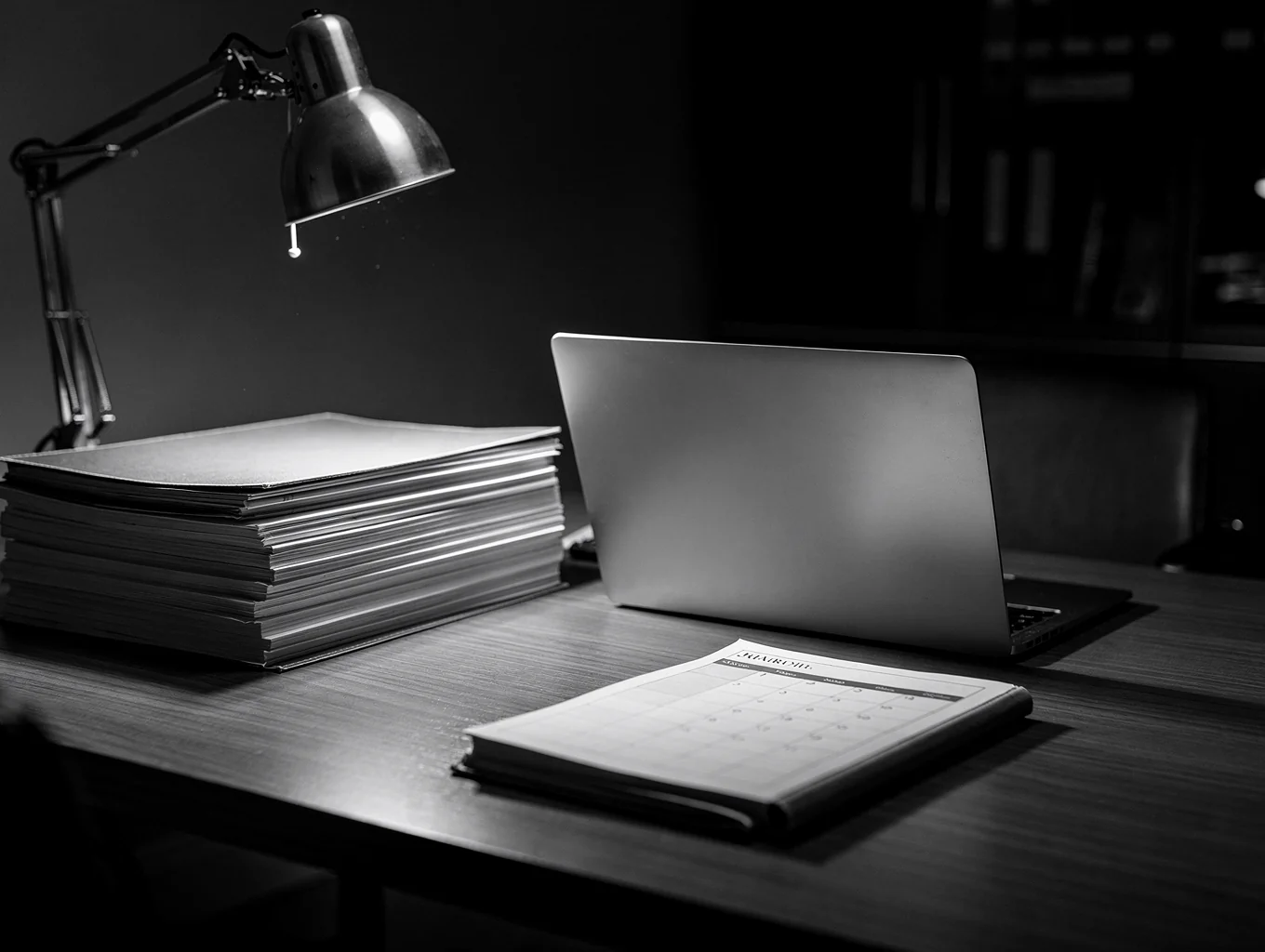 Houten werkbureau met messing bureaulamp en leren bureaustoel