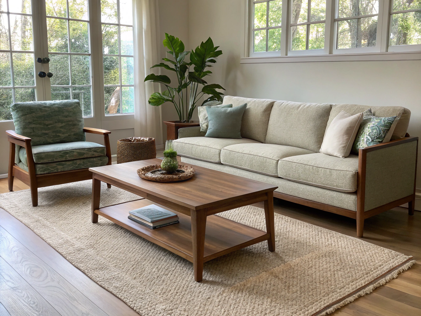 Woonkamer met eikenhouten dressoir en beige fauteuil