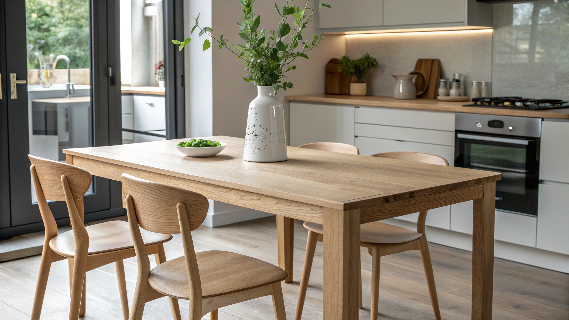 Finished solid oak dining table in a sunlit room with natural wood grain visible