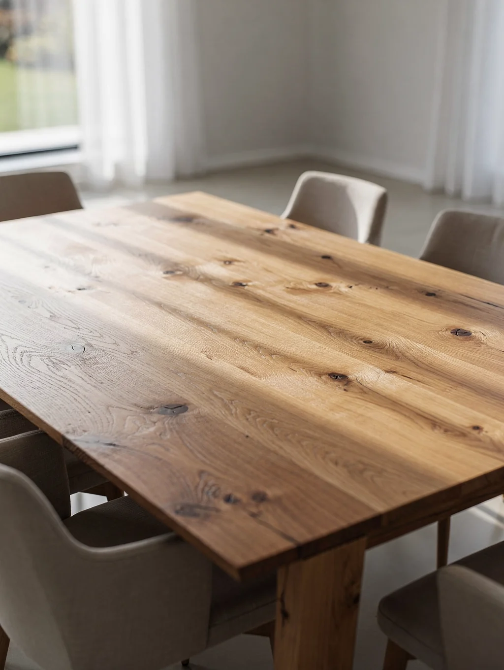 Massieve eiken eettafel met zichtbare nerven in een lichte woonkamer