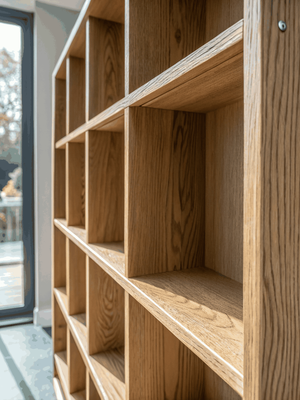 Essenhouten wandplank met een kleine lade in detail