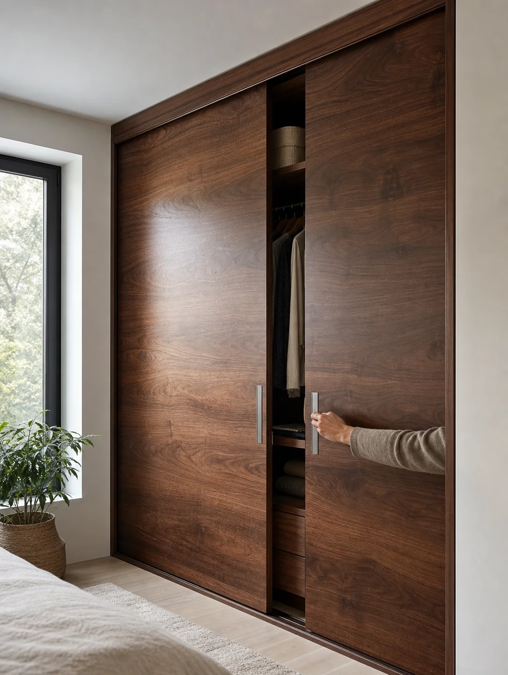 Notenhouten dressoir met schuifdeuren en messing handgrepen